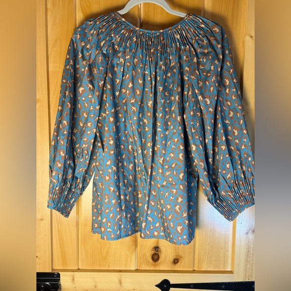 Tyler Boe Teal Leopard Print Smocked Peasant Top Brown Flower Buttons Sz M - Picture 4 of 12